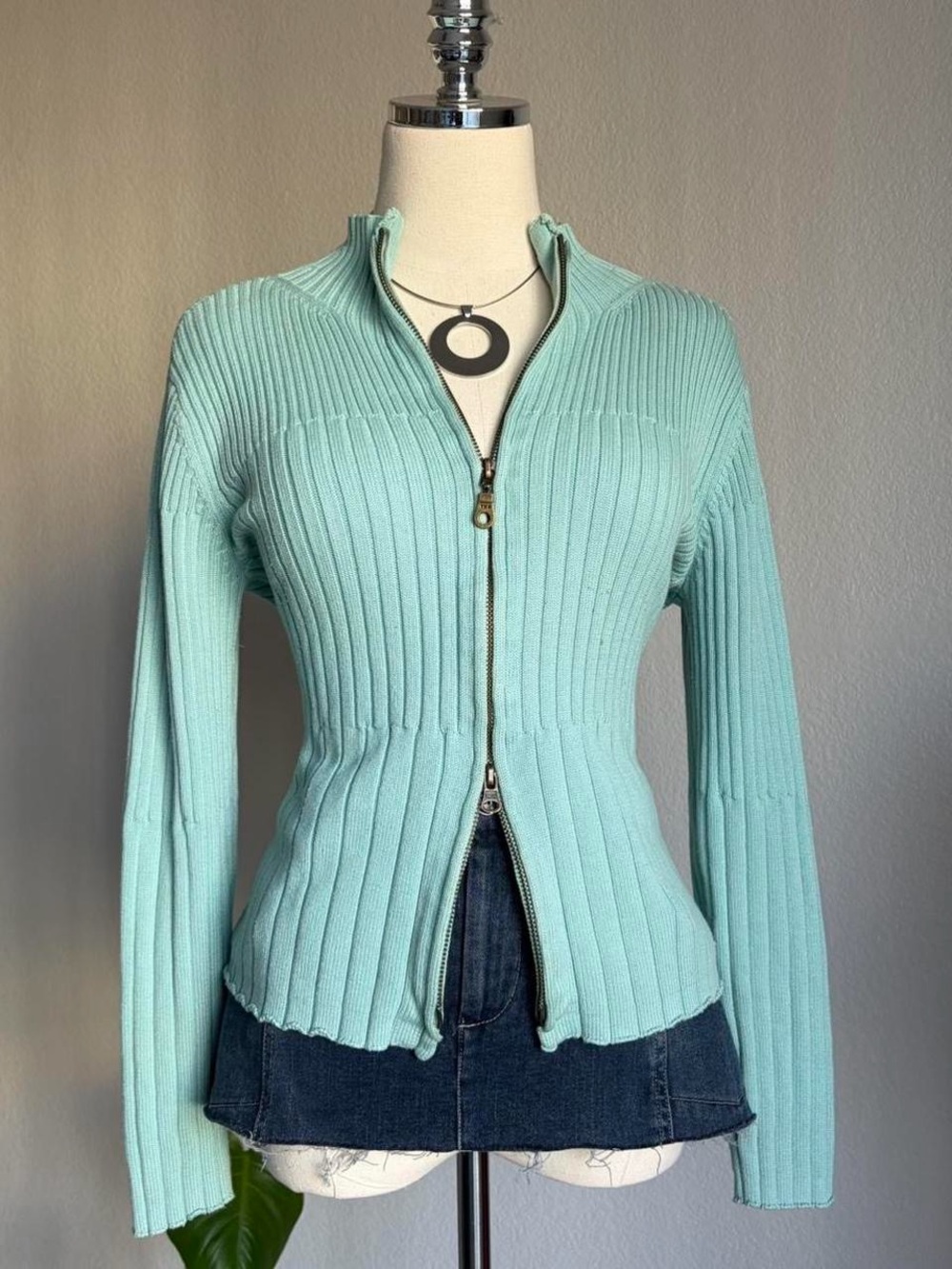 J. Jill Mint Aqua Ribbed Zip-Front Sweater